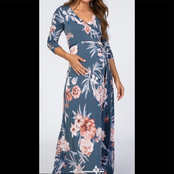 chinese dress ladies Mocha Floral Smocked Long Sleeve Maternity Maxi Dress Large